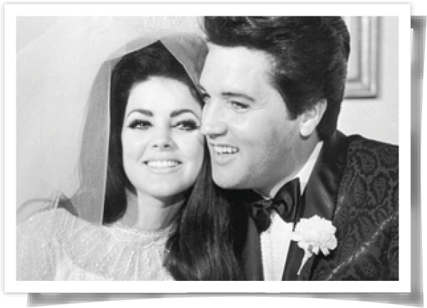 Black-and-white photo of Priscilla and Elvis Presley