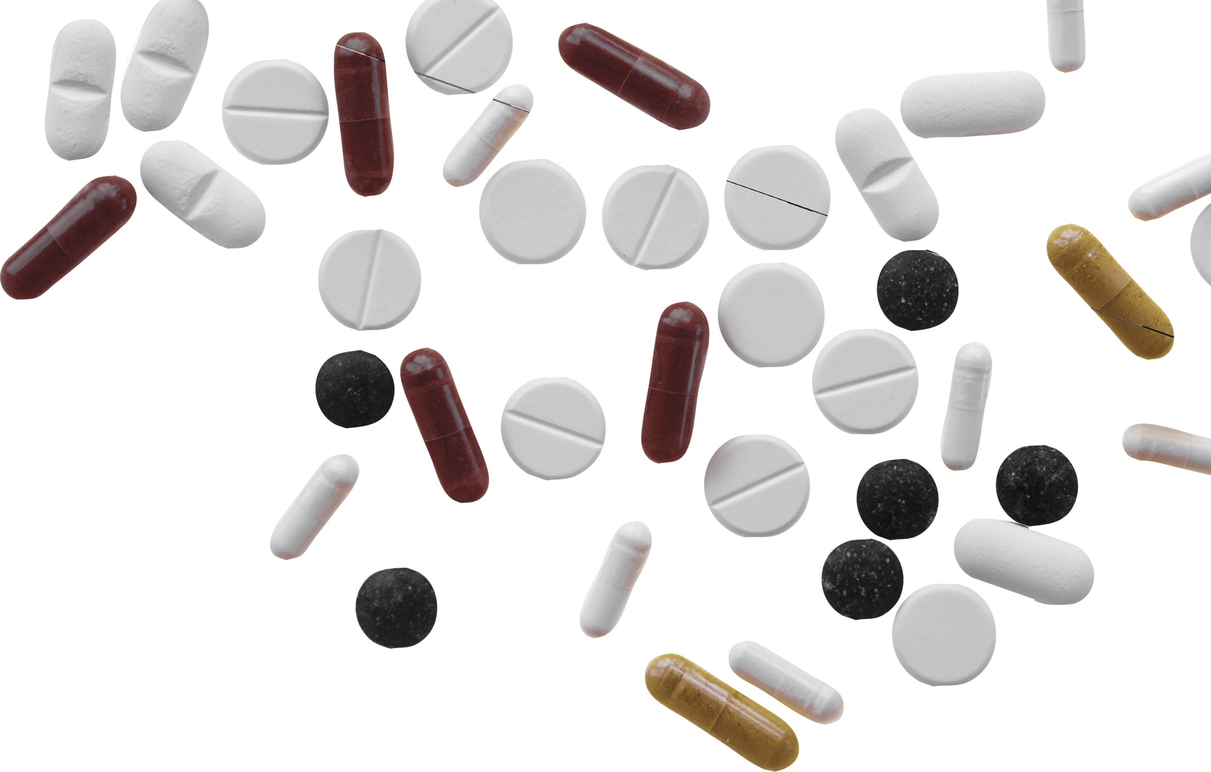 Photo of a bunch of prescription medication pills and capsules on a white background