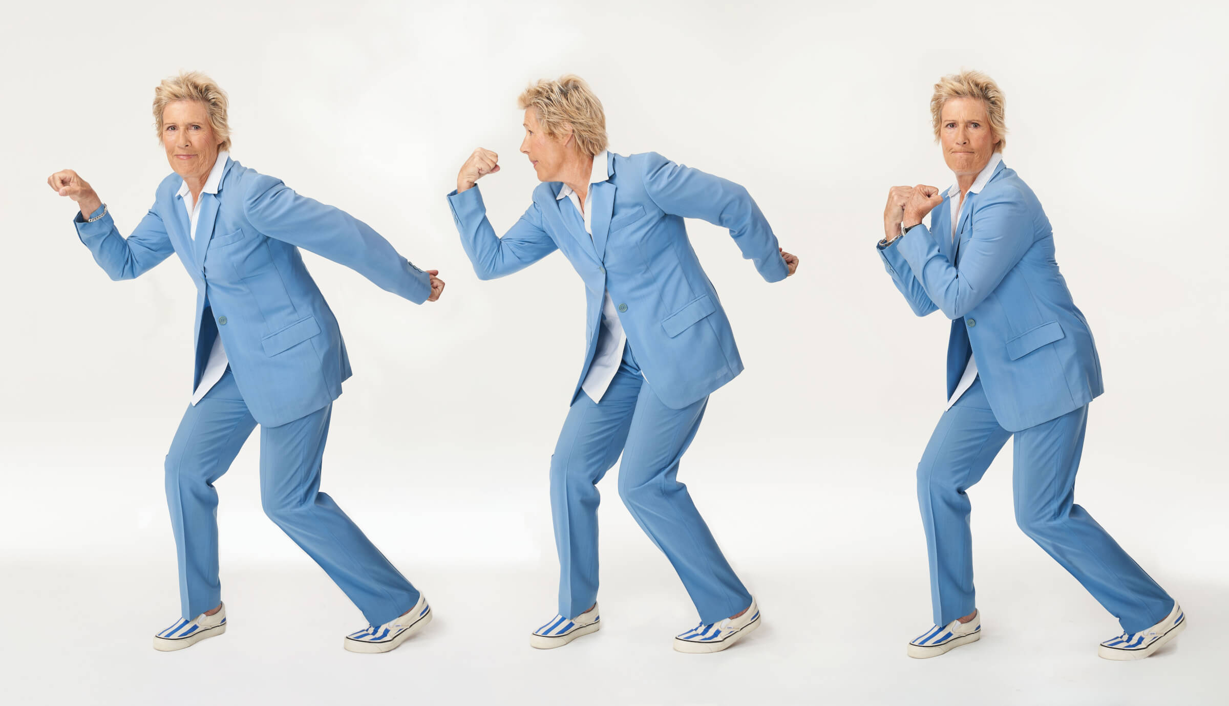 Photo of Diana Nyad wearing a light blue suit striking 3 humorous poses