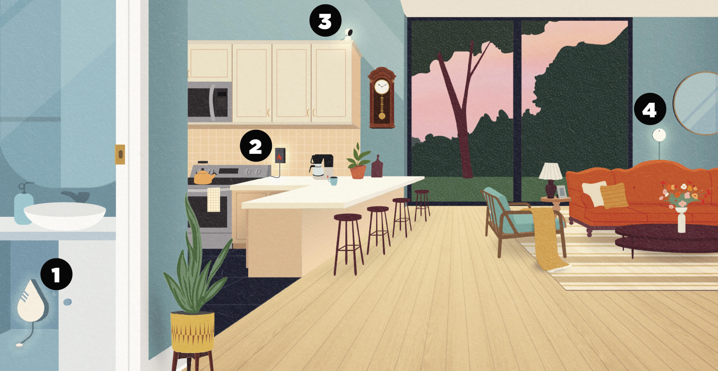 Illustration of a home's interior numbered one through four indicating helpful tech tips for caregivers