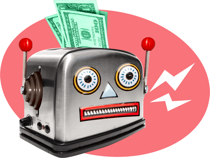 Humorous illustration of a toaster with a surprised looking face on the side, with green paper money sticking out the top