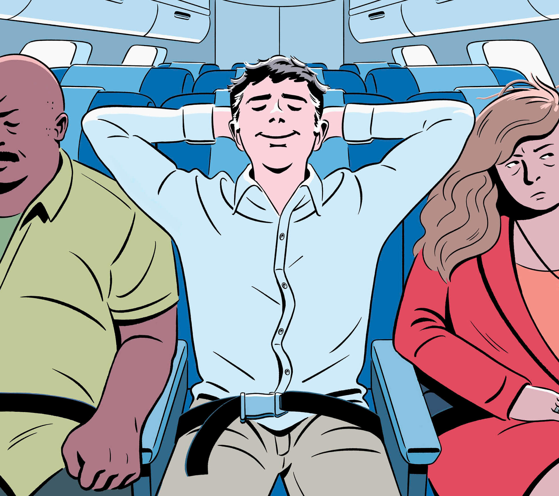 Illustration of a man relaxing with hands behind his head in the middle seat of an airplane between 2 annoyed-looking passengers