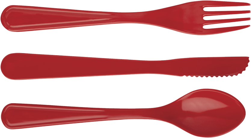 Photo of a red plastic fork, knife and spoon