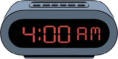 Illustration of a digital alarm clock with the time showing 4 o'clock in the morning