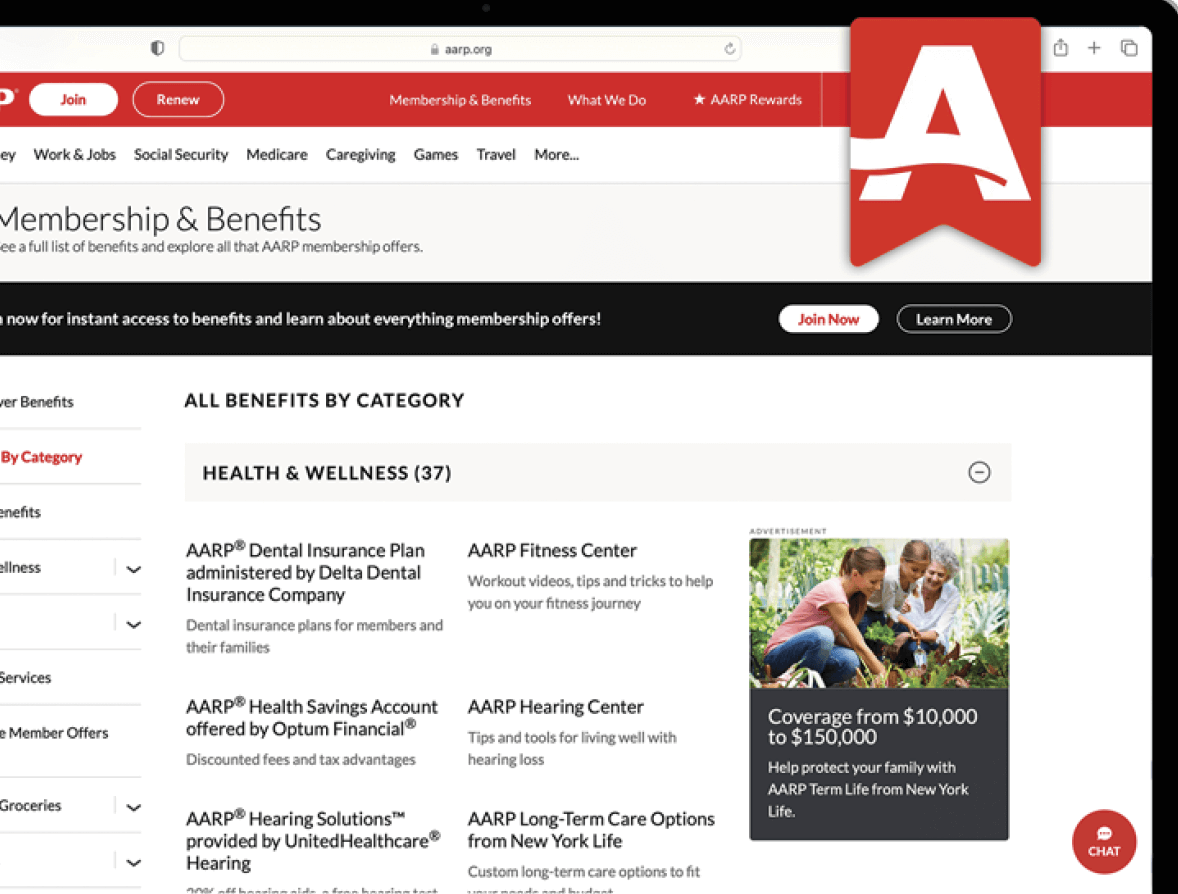 Screenshot of the AARP Membership and Benefits web site on a laptop computer screen