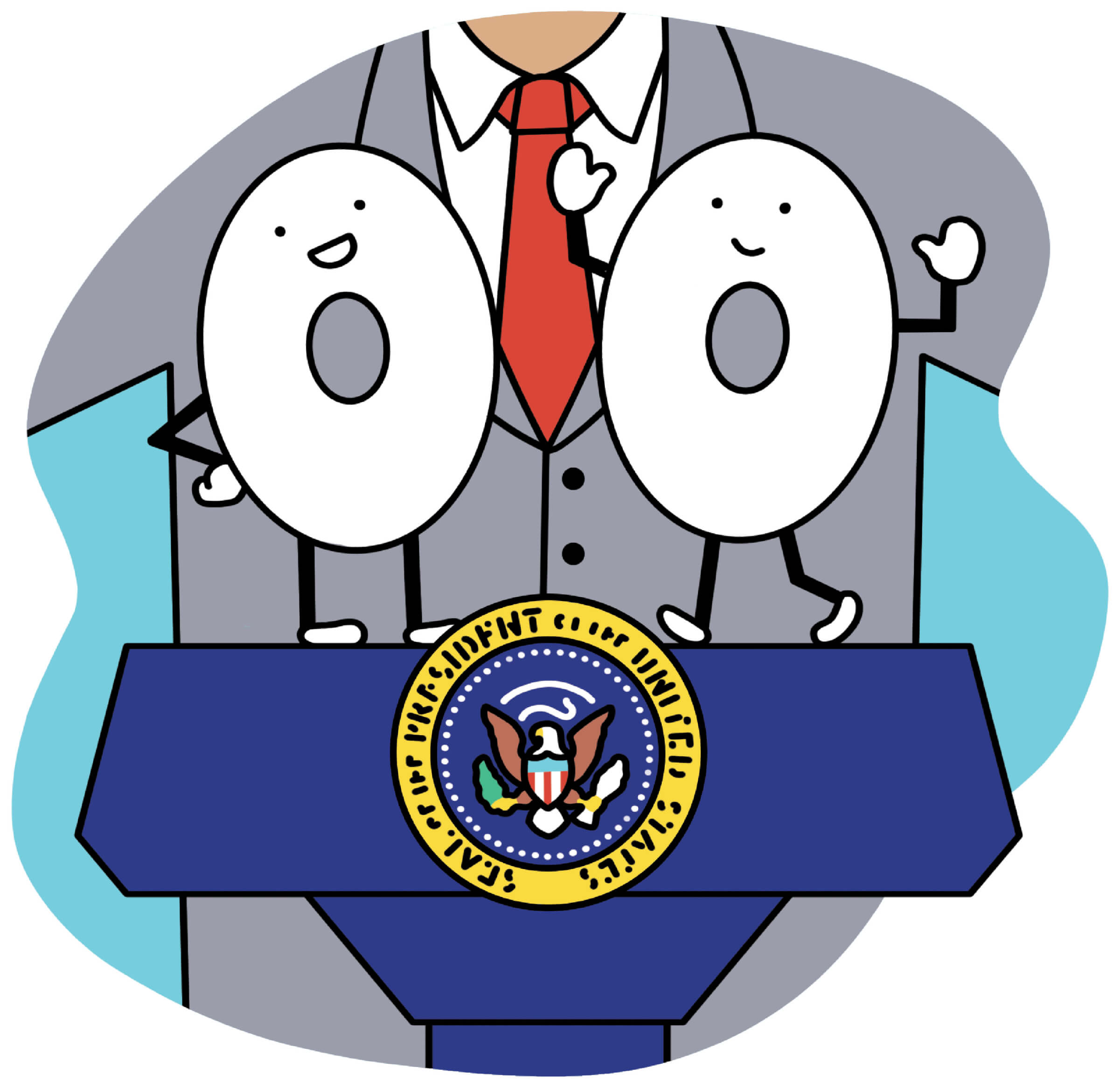 Illustration of two white letter owes on the chest of a man standing behind the presidential podium