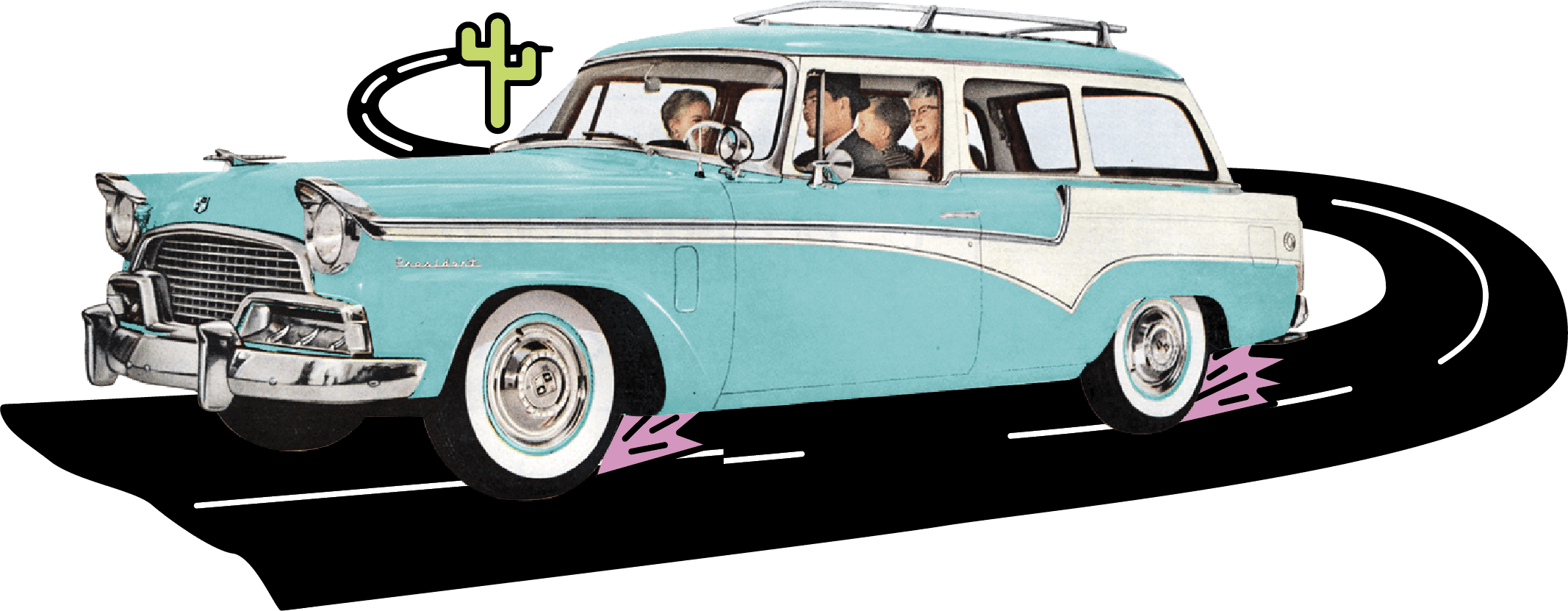 Photo illustration of a vintage station wagon with several people inside traveling along a highway in the desert