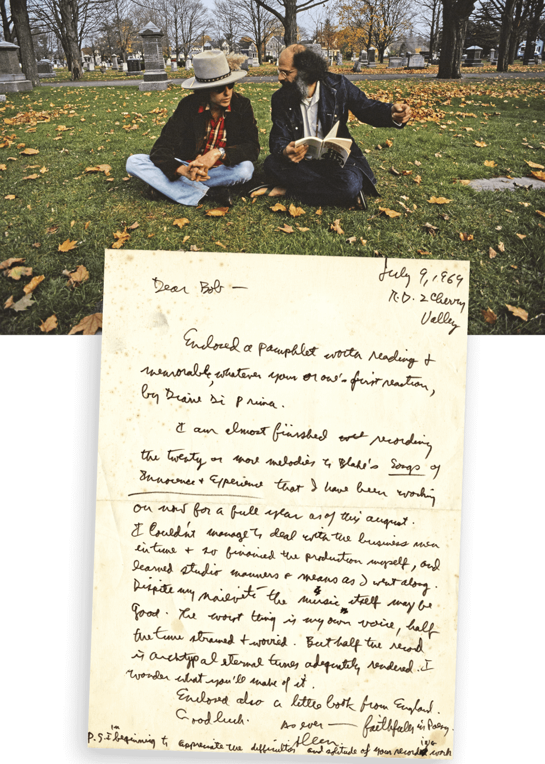 Photo of Bob Dylan and Allen Ginsberg sitting on the ground at Jack Kerouac's grave in 1975, with an inset handwritten letter from Allen Ginsberg to Bob from 1969
