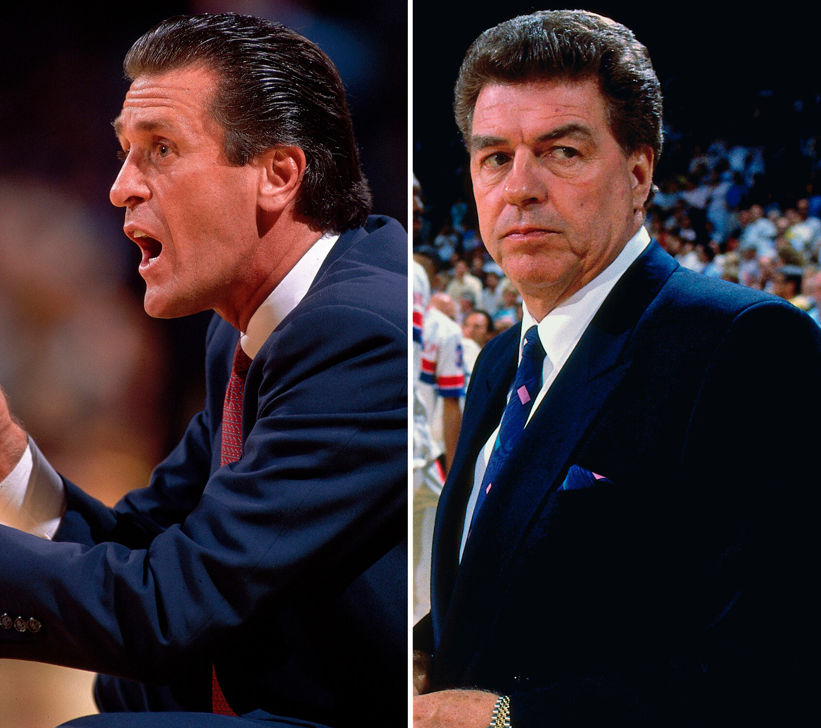 Side-by-side photos of Lakers Head Coach Pat Riley and Pistons Head Coach Chuck Daly