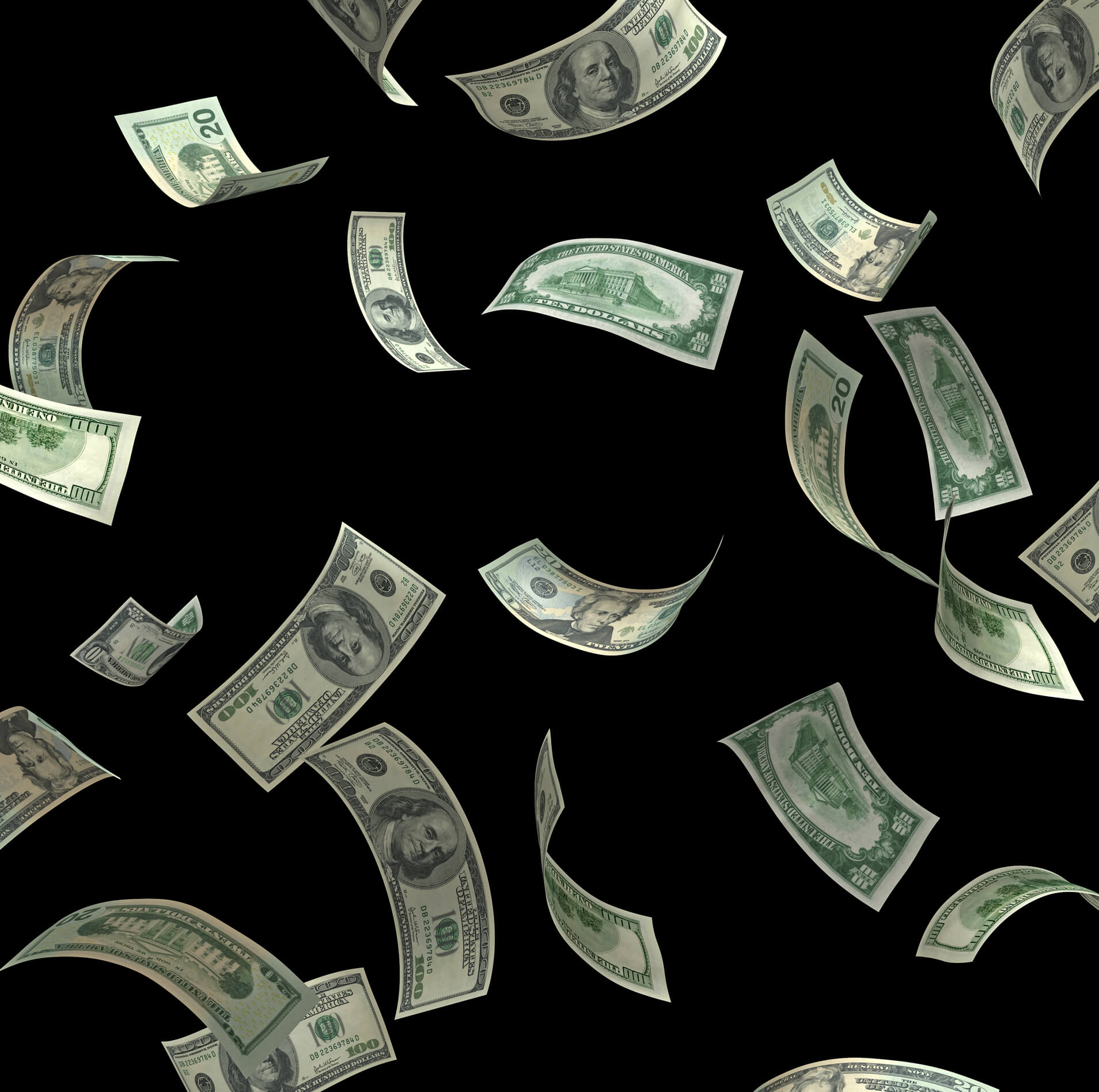 Photo of green paper money floating on a black background