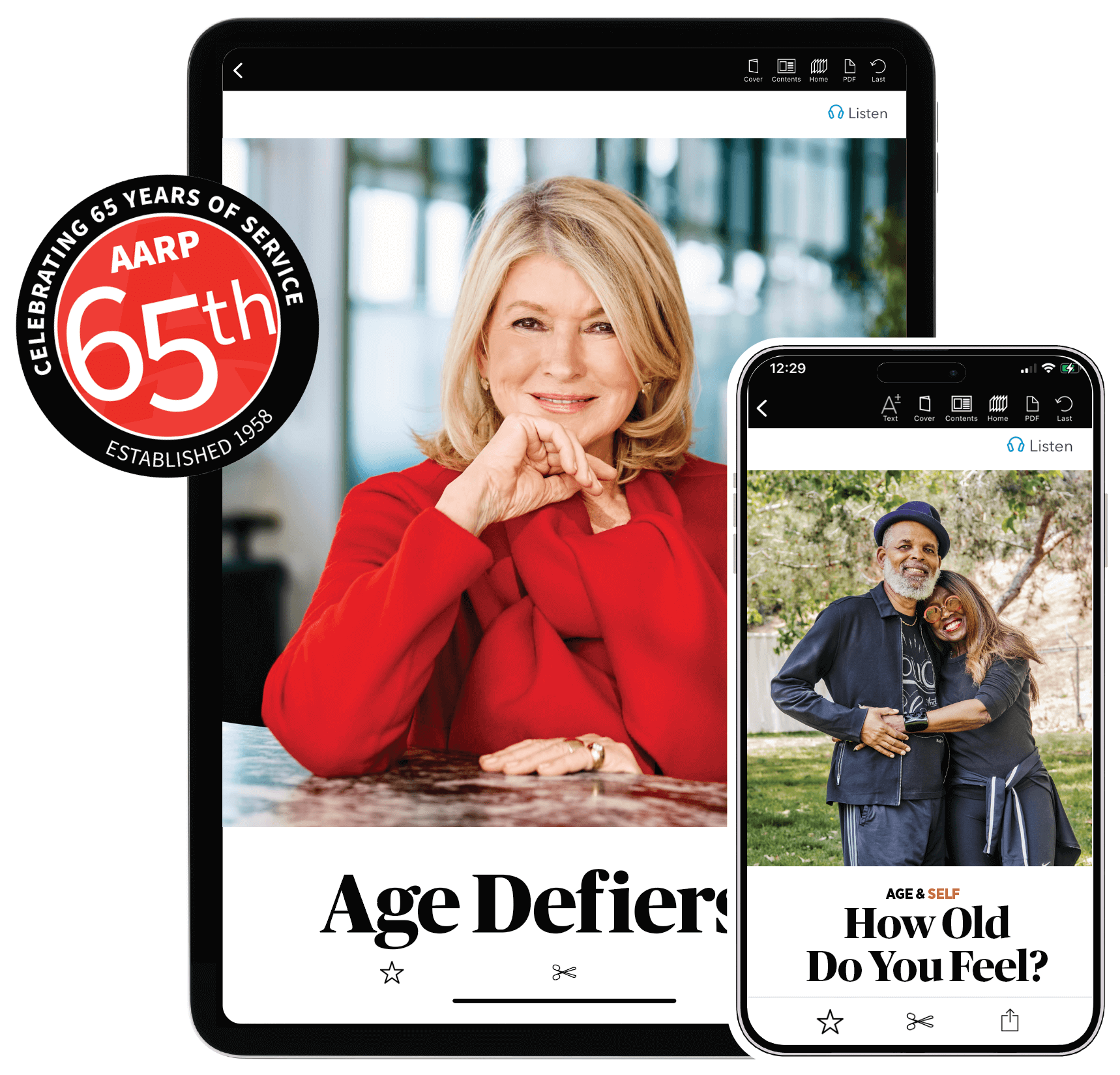 Side-by-side photos of AARP's special digital issue displayed on a tablet and a smartphone