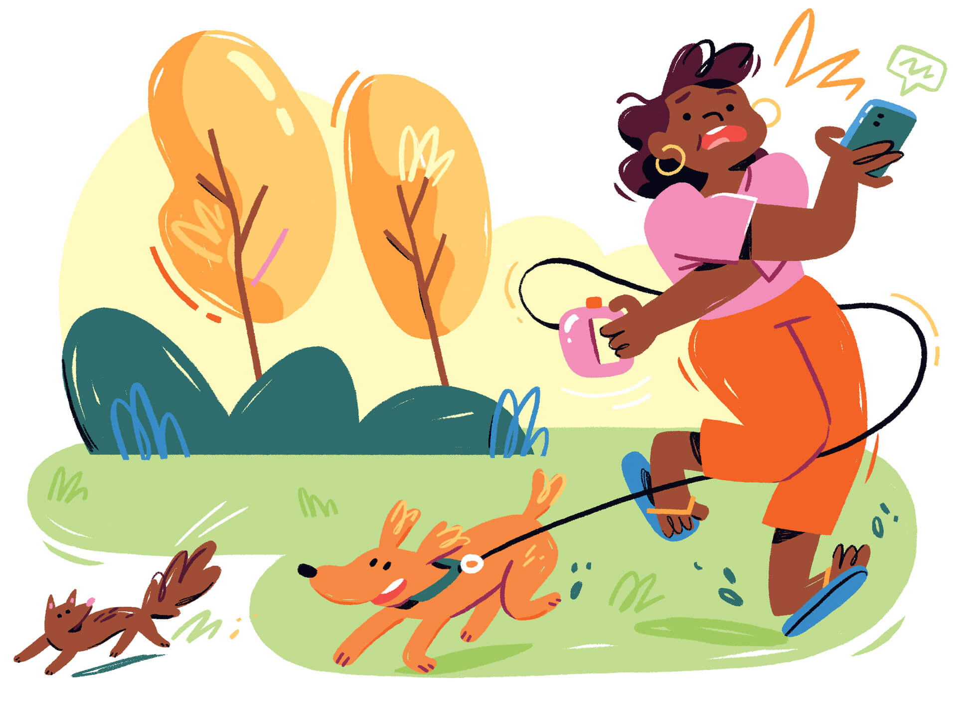 Illustration of a woman walking her dog, tangled in the dog's leash as the dog tries to chase after a fox it sees