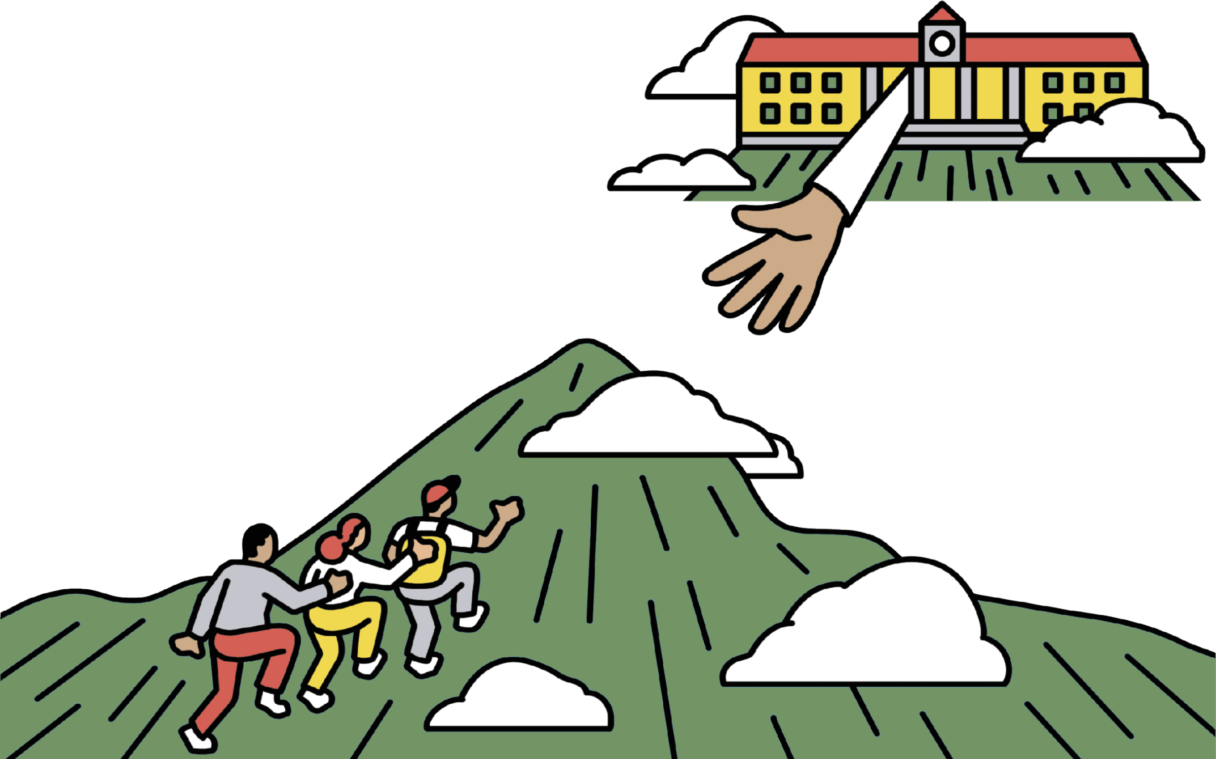 Illustration of a hand reaching out from a distant college building to a group of students climbing up a green mountain below towards it