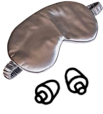 Photo illustration of a sleep mask and earplugs