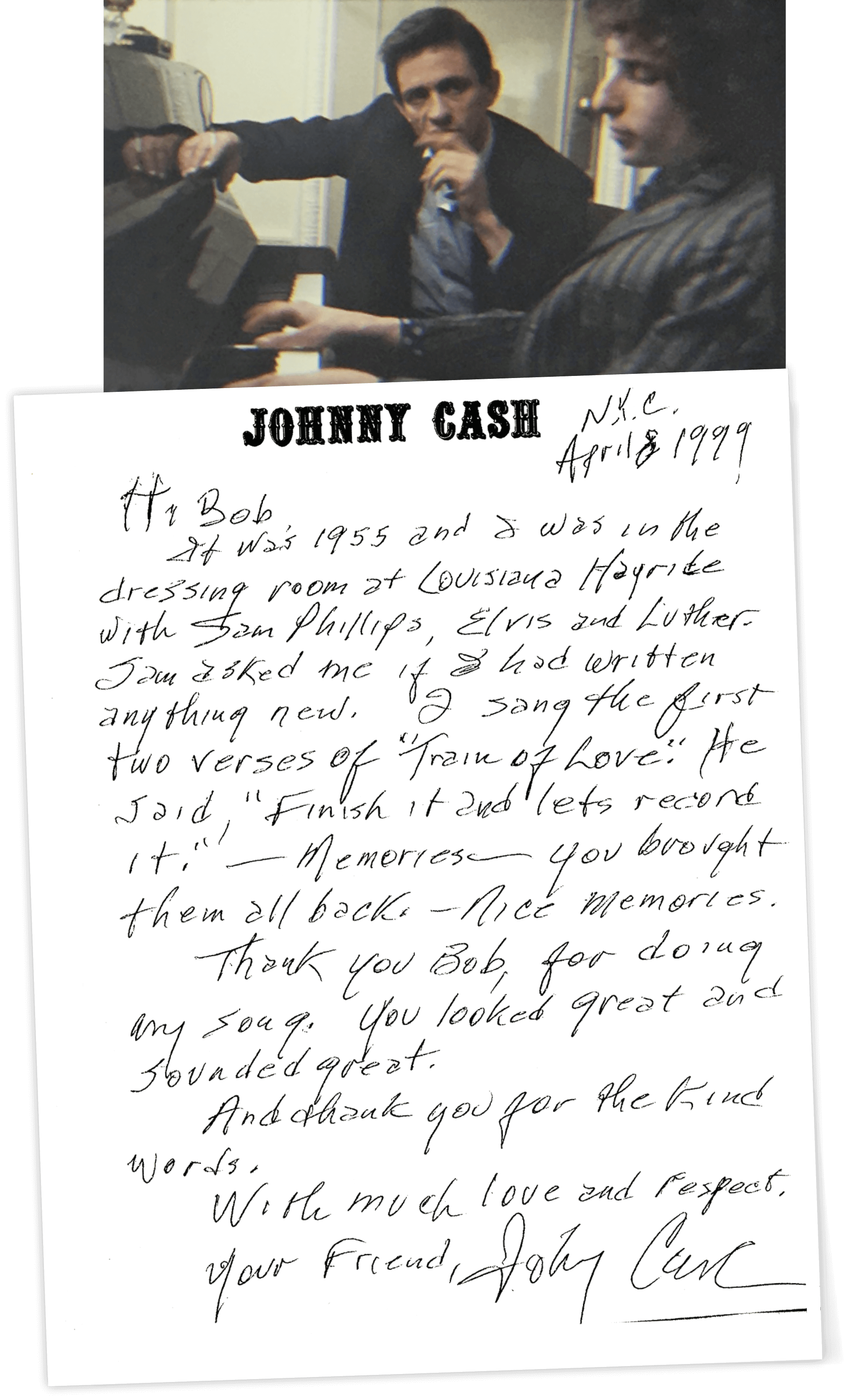 Photo of Johnny Cash watching Bob Dylan play the piano in 1966, with an inset handwritten letter from Johnny Cash to Bob from 1999