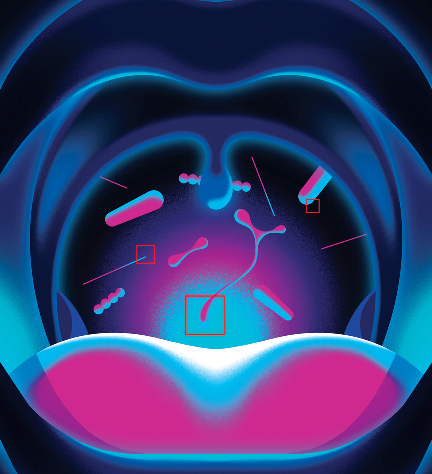 Illustration of an open mouth, with gut microbiome visible below