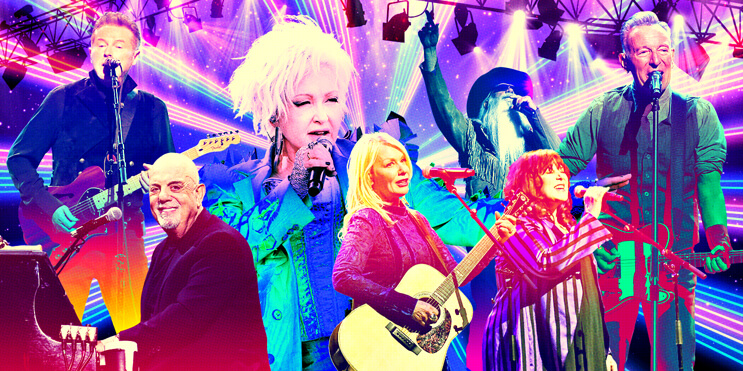 Colorful photo collage of Billy Joel, Cyndi Lauper, Heart, and Bruce Springsteen performing