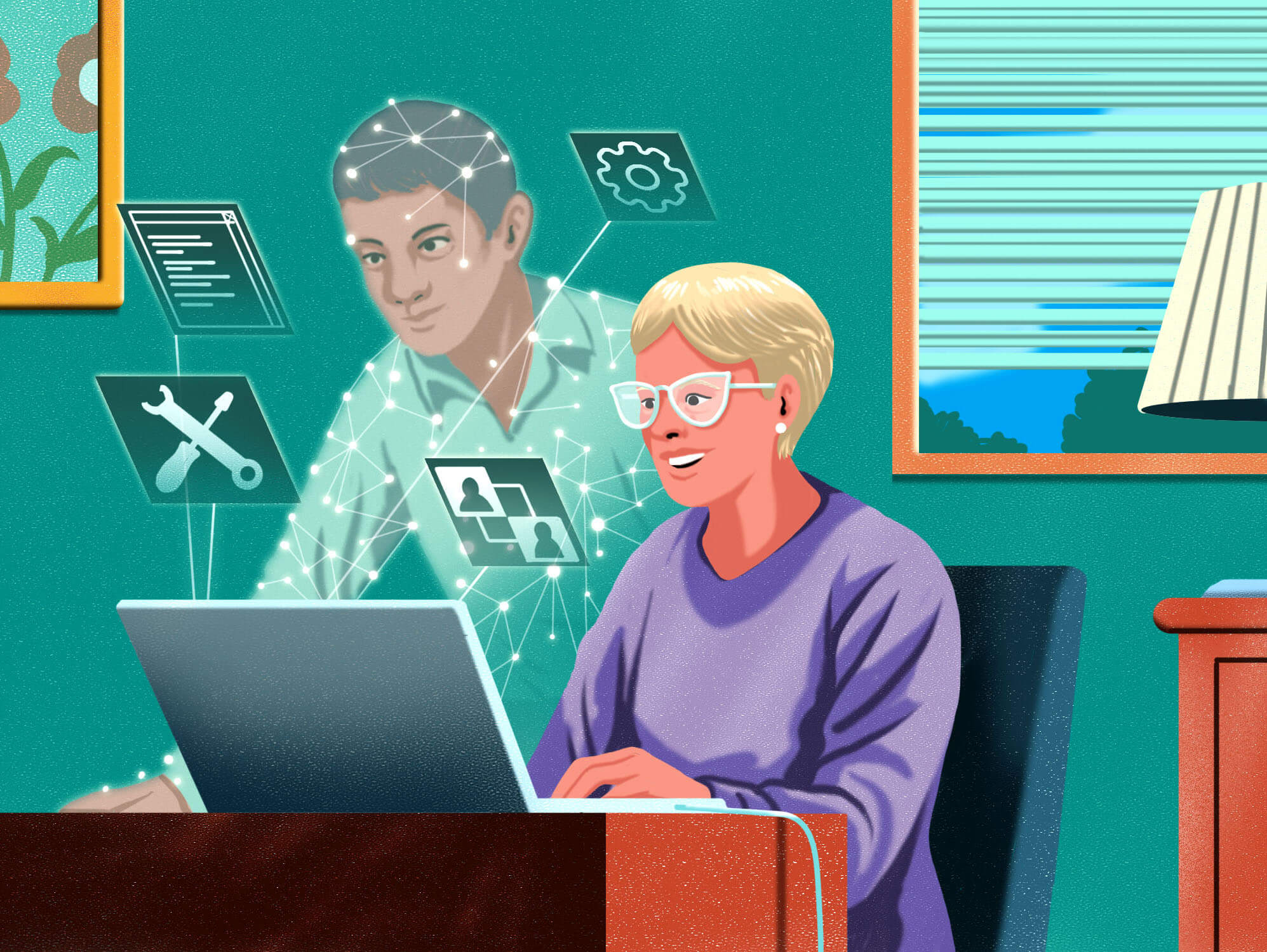 Illustration of a virtual man over his mom's shoulder, helping her with a computer problem