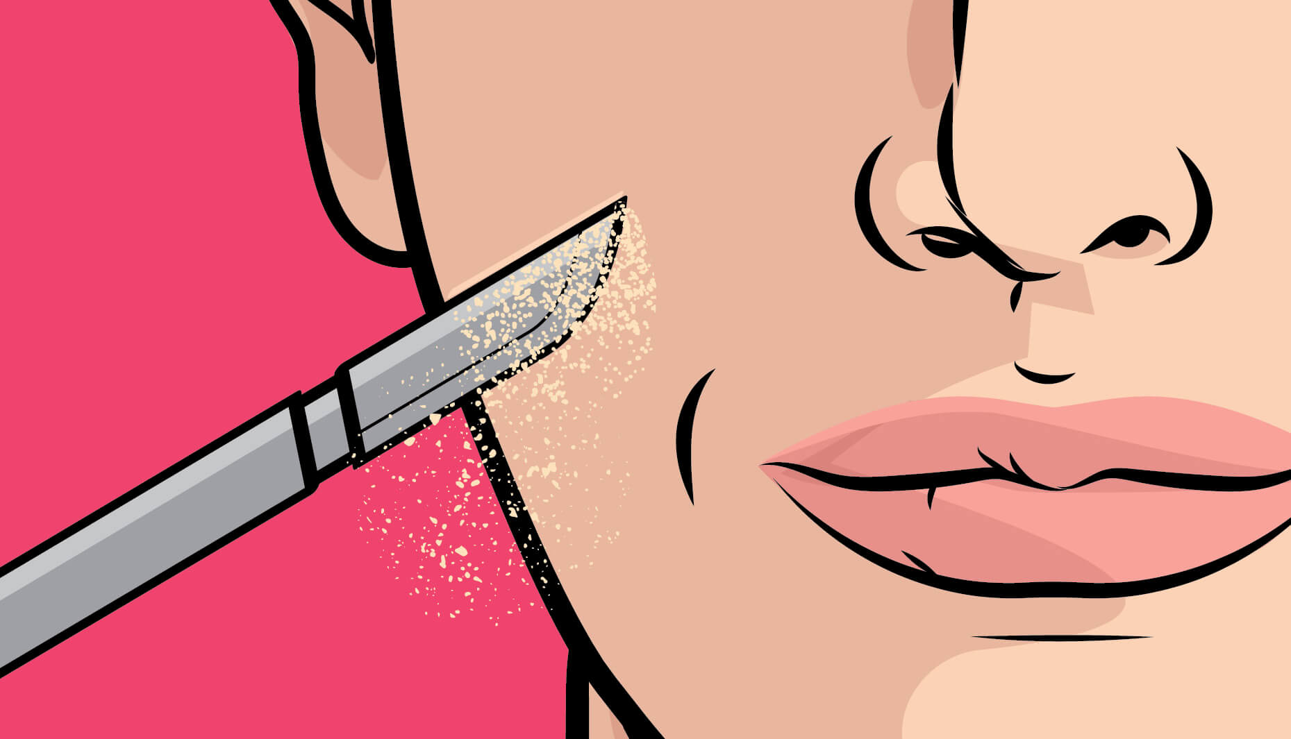 Illustration of a woman's cheek with a dermaplanning tool