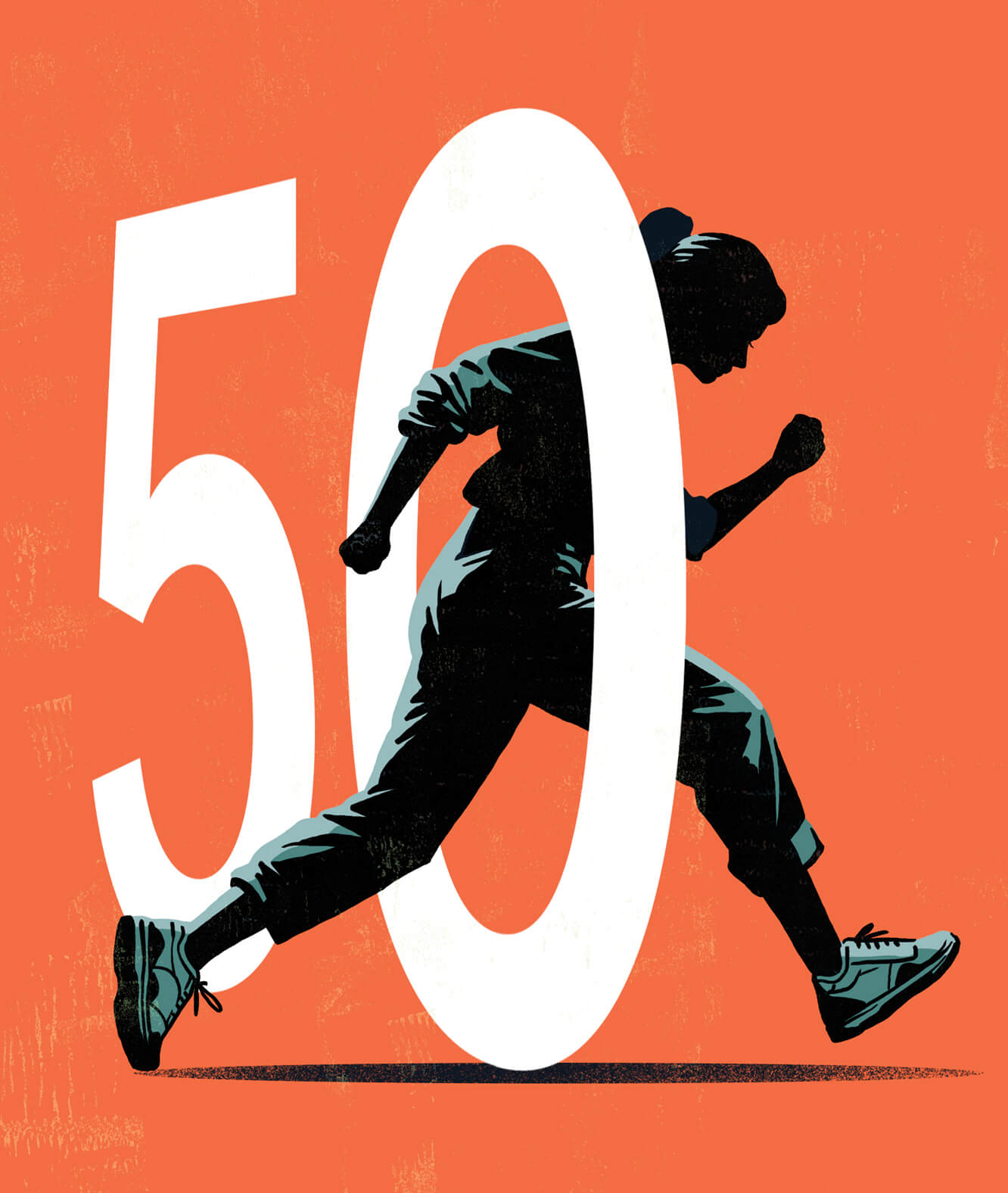 Illustration of a woman running through the 0 in 50