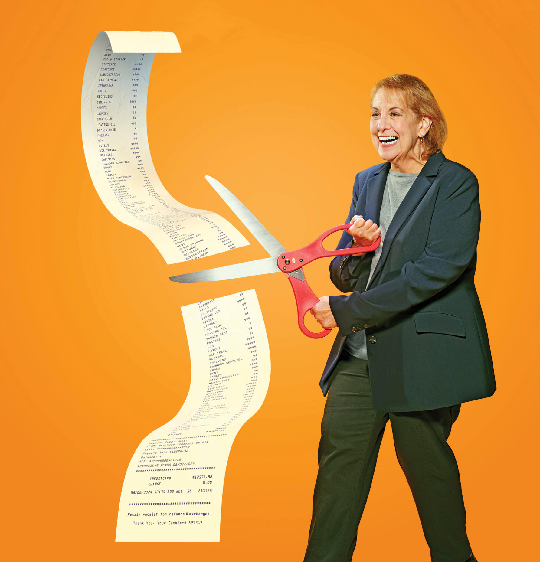  Photo illustration of a woman holding oversized scissors and cutting a giant receipt