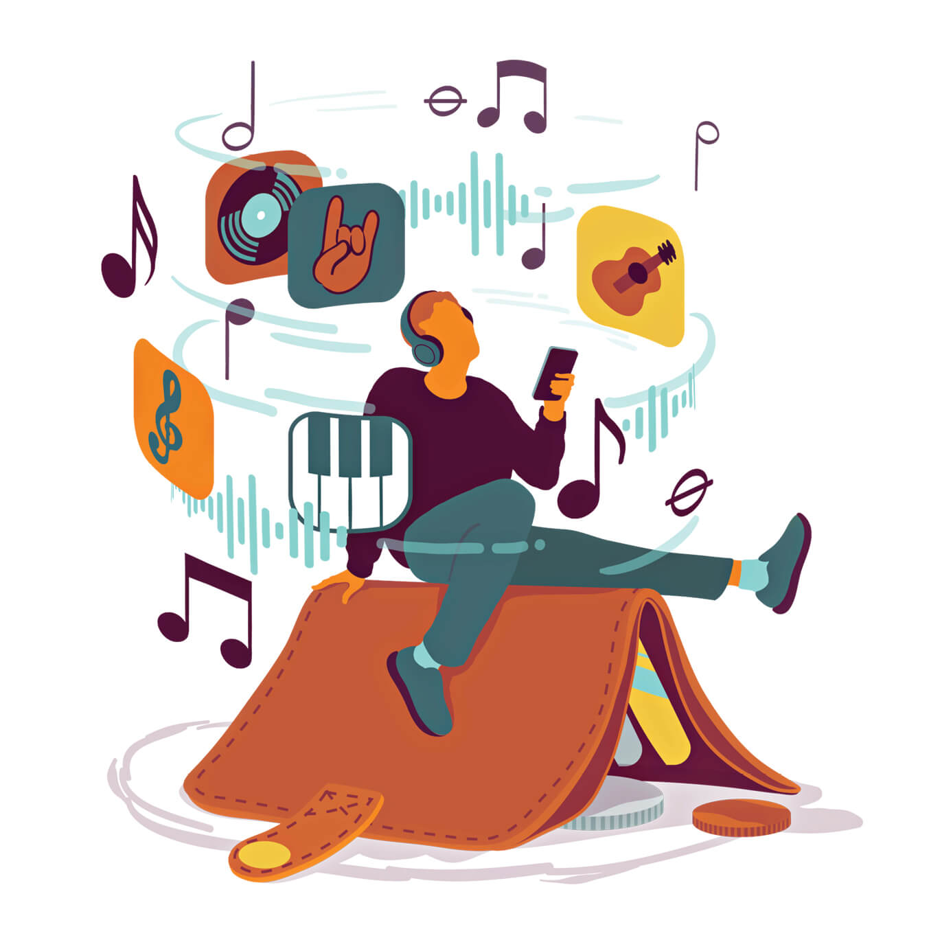 Illustration of a person sitting on an open wallet, streaming music icons are above them