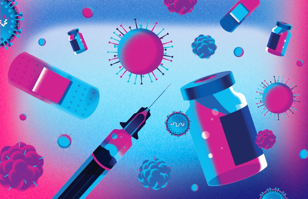 Pink and blue illustration of vaccine bottoles, viruses, needles, and band-aids