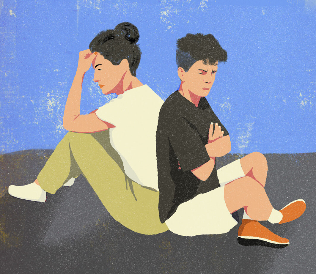 Illustration of a mother and teen sitting back-to-back, both look upset