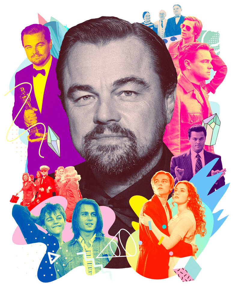 Photo illustration of Leonardo DiCaprio: Current portrait surrounded by photos of him in famous movie roles