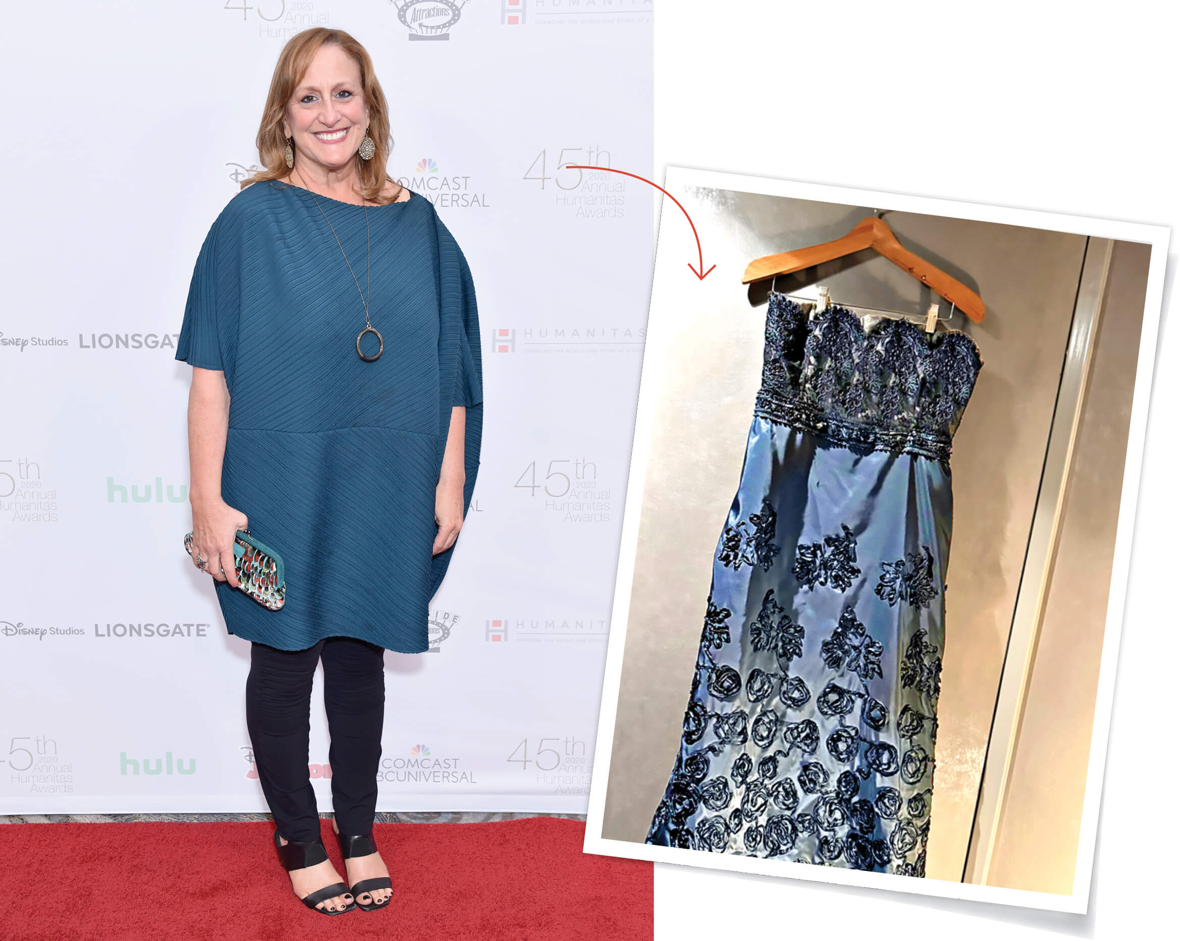 Photo of Cindy Chupack next to a photo of her Christian Lacroix dress