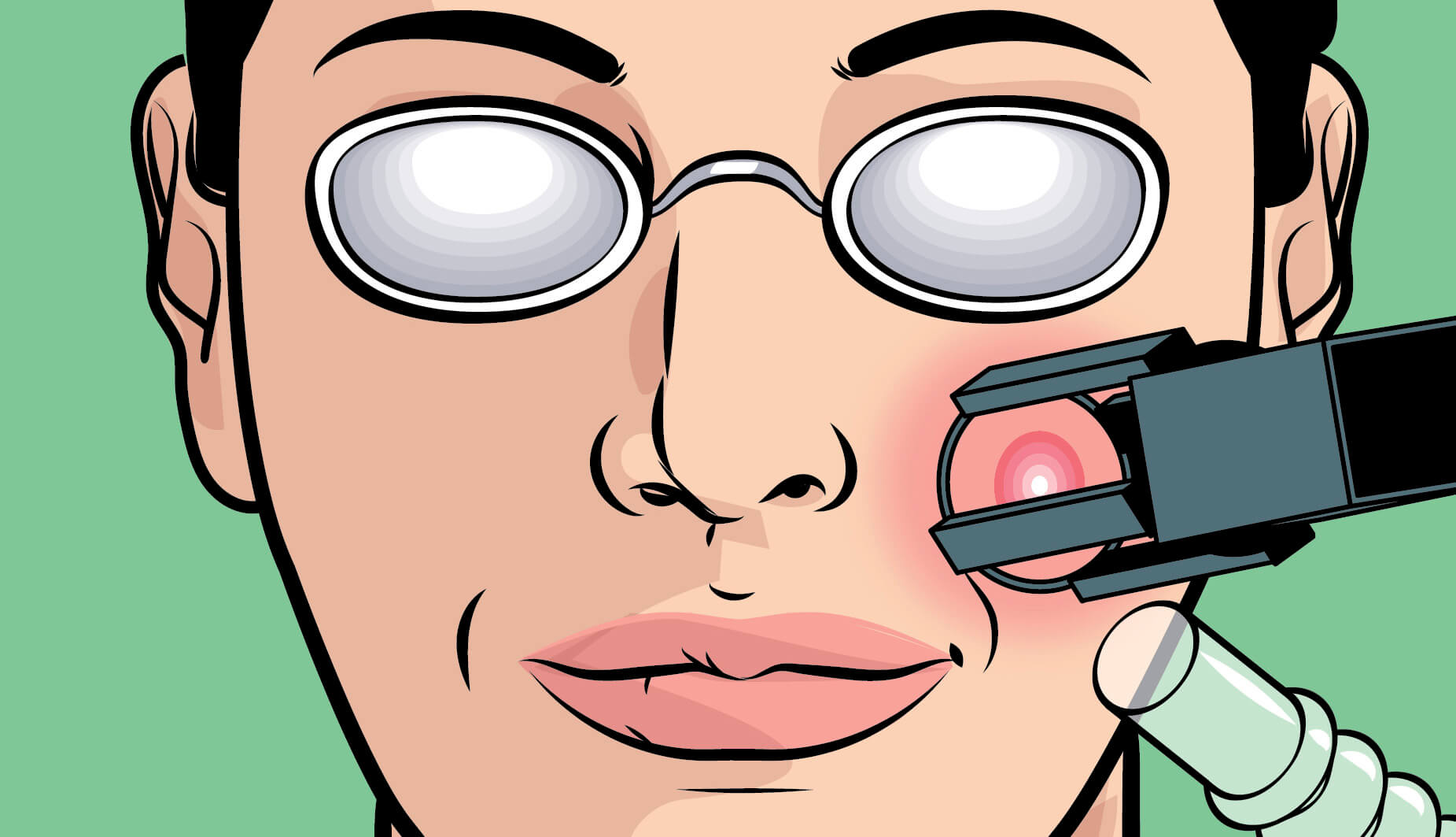 Illustration of a woman's face under a laser 