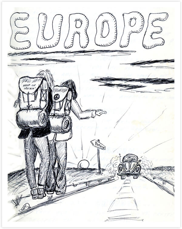 Sketch of two hitchhikers in Europe