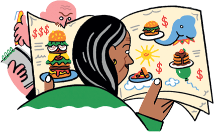 Illustration of a woman looking at a food menu