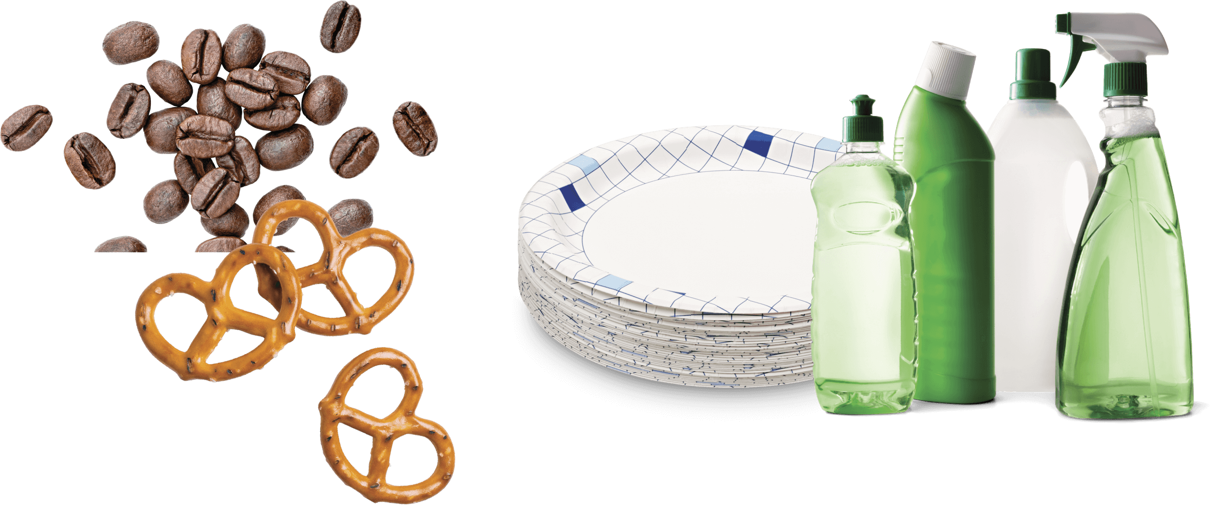 Coffee beans and pretzels. Image of disposable plate with several cleaning products in front of it