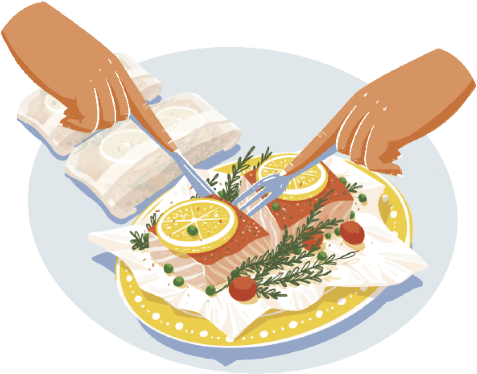 Illustration of a plate with parchment paper with a piece of fish in it being cut into.