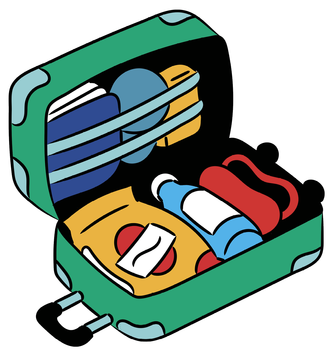 Illustration of a green suitcase with clothes, a bottle, snacks and pouches packed in it