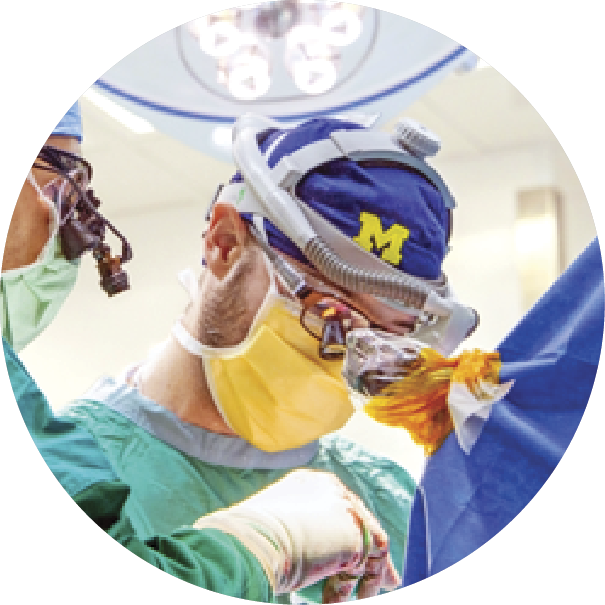 A surgeon performing surgery with a headset
