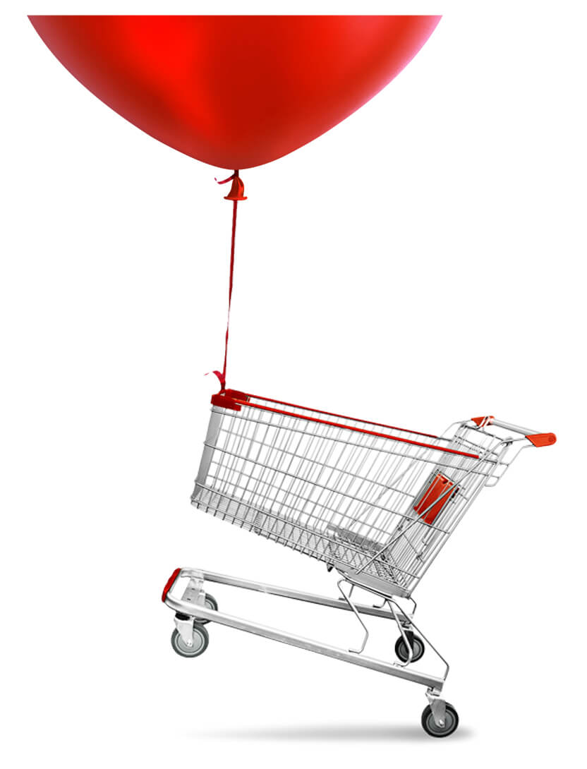A shopping cart attached to an oversized red balloon