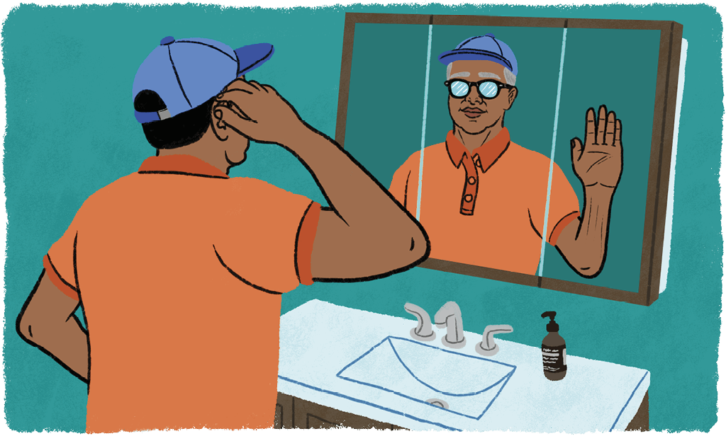 Illustration of a young man looking into the mirror and seeing an older version of him with grey hair