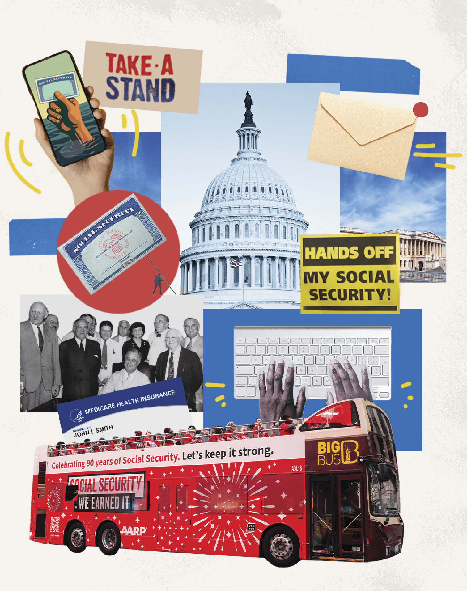 Photo Collage of different ways in which AARP is taking a stand for Social Security. Images include hands typing, signs that say Take a stand, Hands off my social security, envelopes being sent and a phone screen with an illustration of a hand keeping social security afloat.