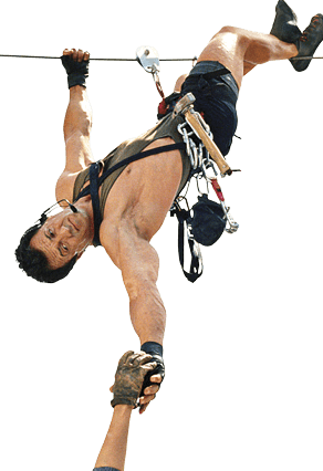 Stallone hanging off a rope from the movie Cliffhanger