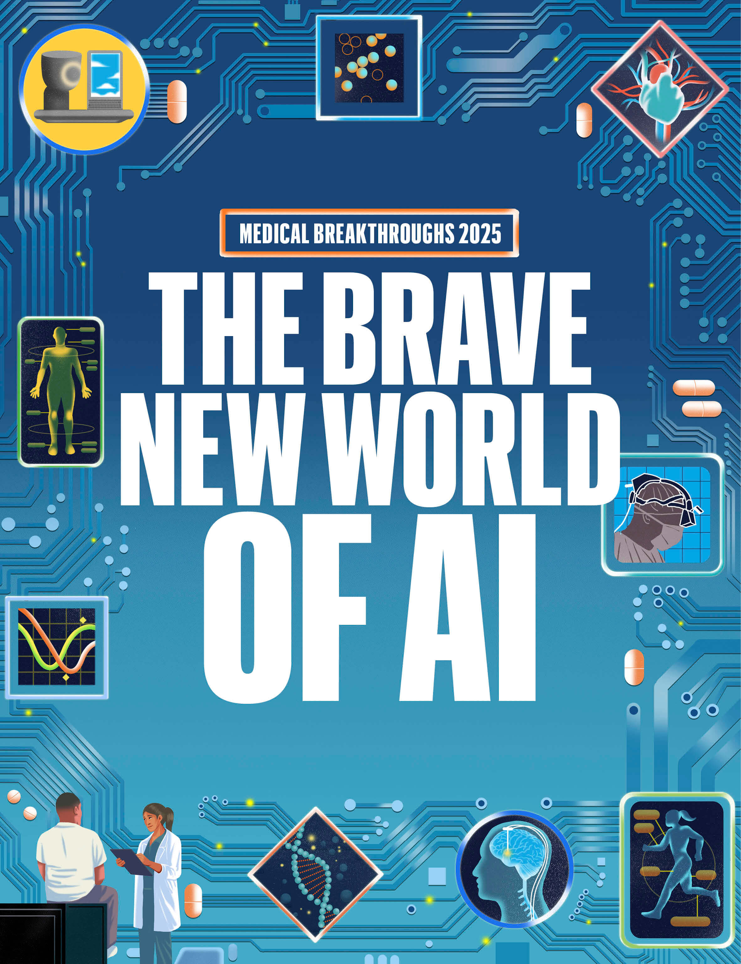 Futuristic cover showing how AI is transforming medicine, with circuit-board graphics, medical icons, and the title The Brave New World of AI