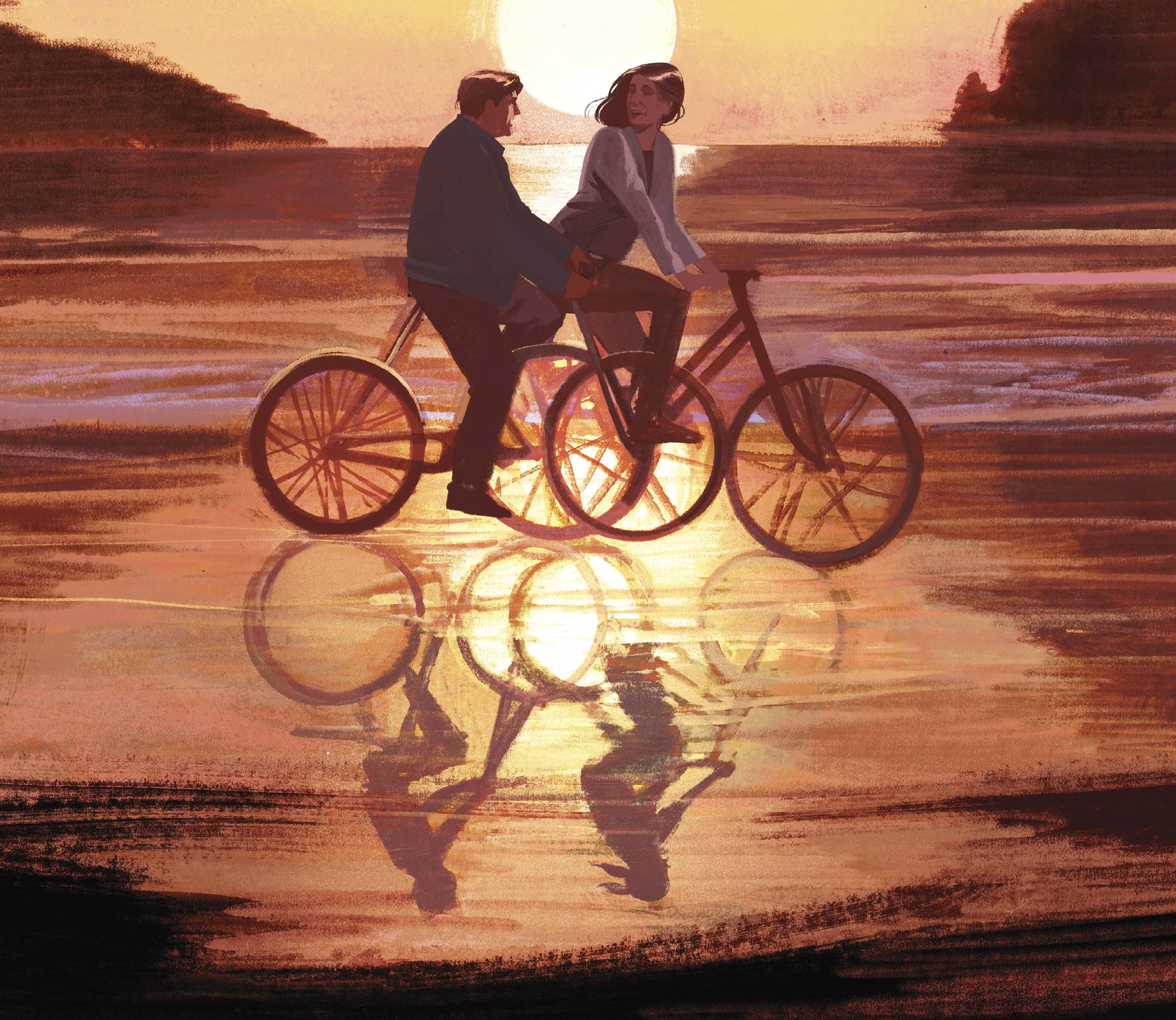 Sunset illustration of a man and woman riding a bicycle on the beach