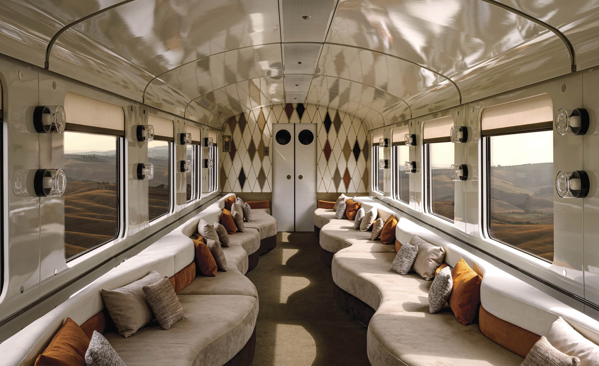 Inside shot of the couches of the La Dolce Vita Orient Express in Italy