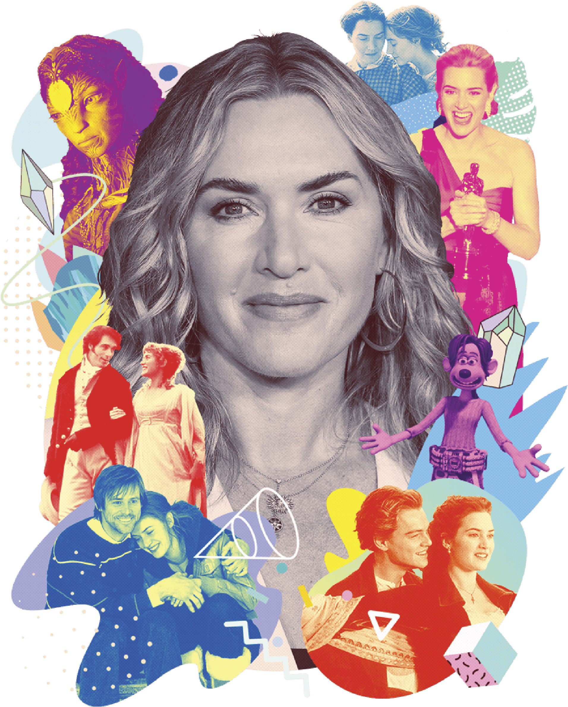 Photo illustration of a portrait of Kate Winslet surrounded with various images of her from different roles she has played in movies