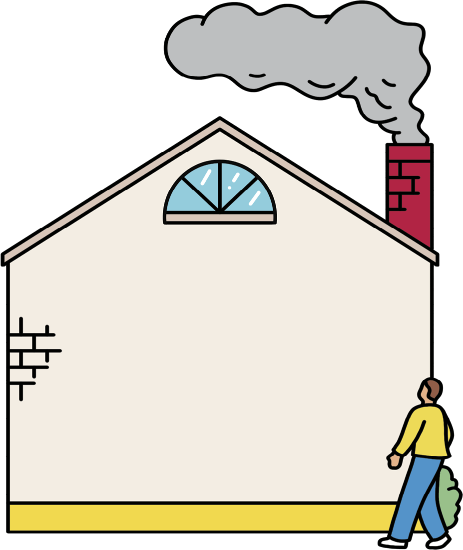 Illustration of a house with smoke coming out the chimney and a man walking in front