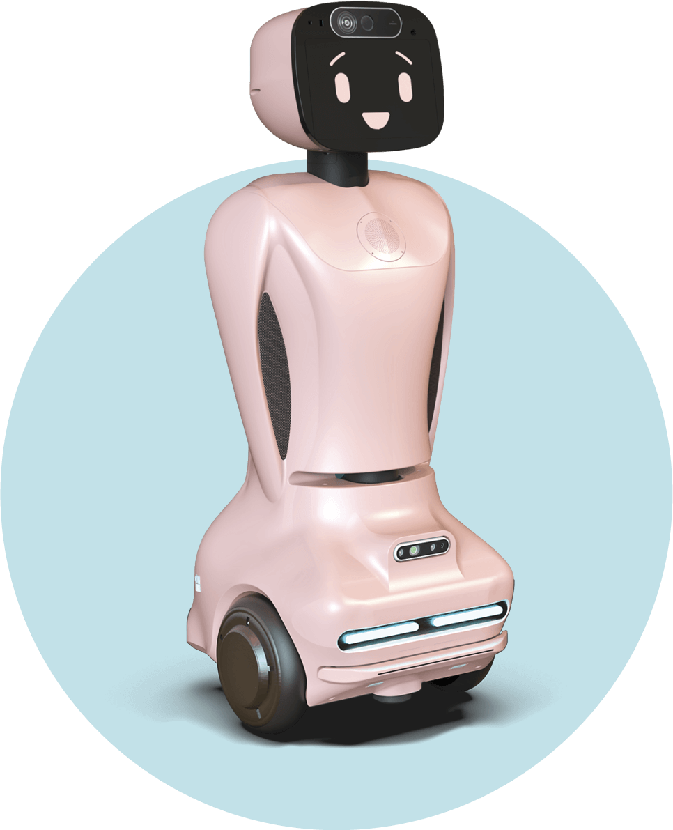 A robot with a blue background behind him