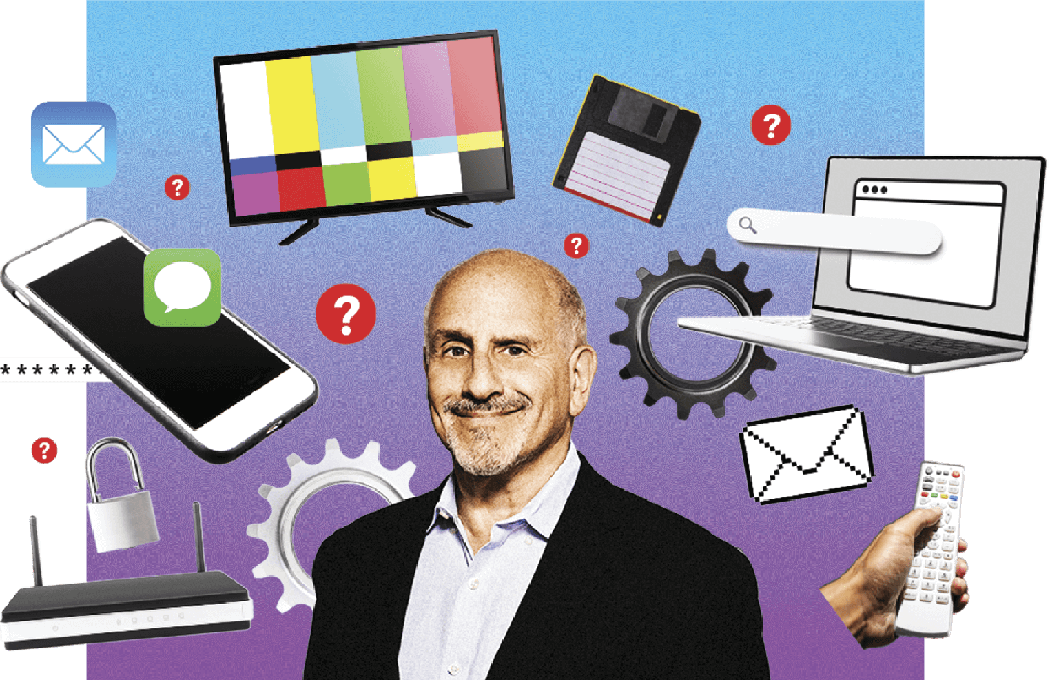 Photo Collage with a portrait of Edward C. Baig at the center surrounded by a phone, laptop, tv, remote, wifi router, floppy disk, several apps and questions mark.