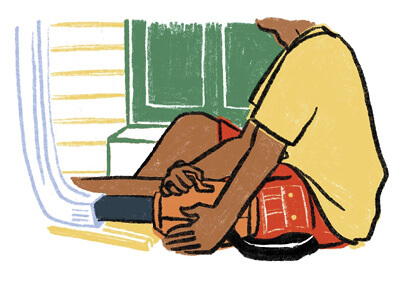 Illustration of a person using a leaf blower to clear downsprouts at ground level.