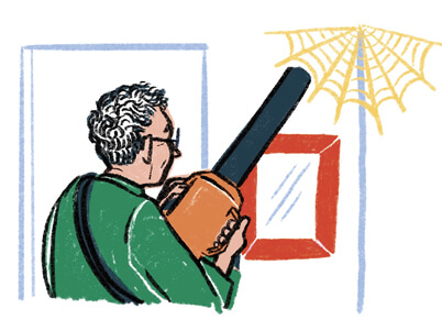 Illustration of a person using a leaf blower to blow a cob web away.